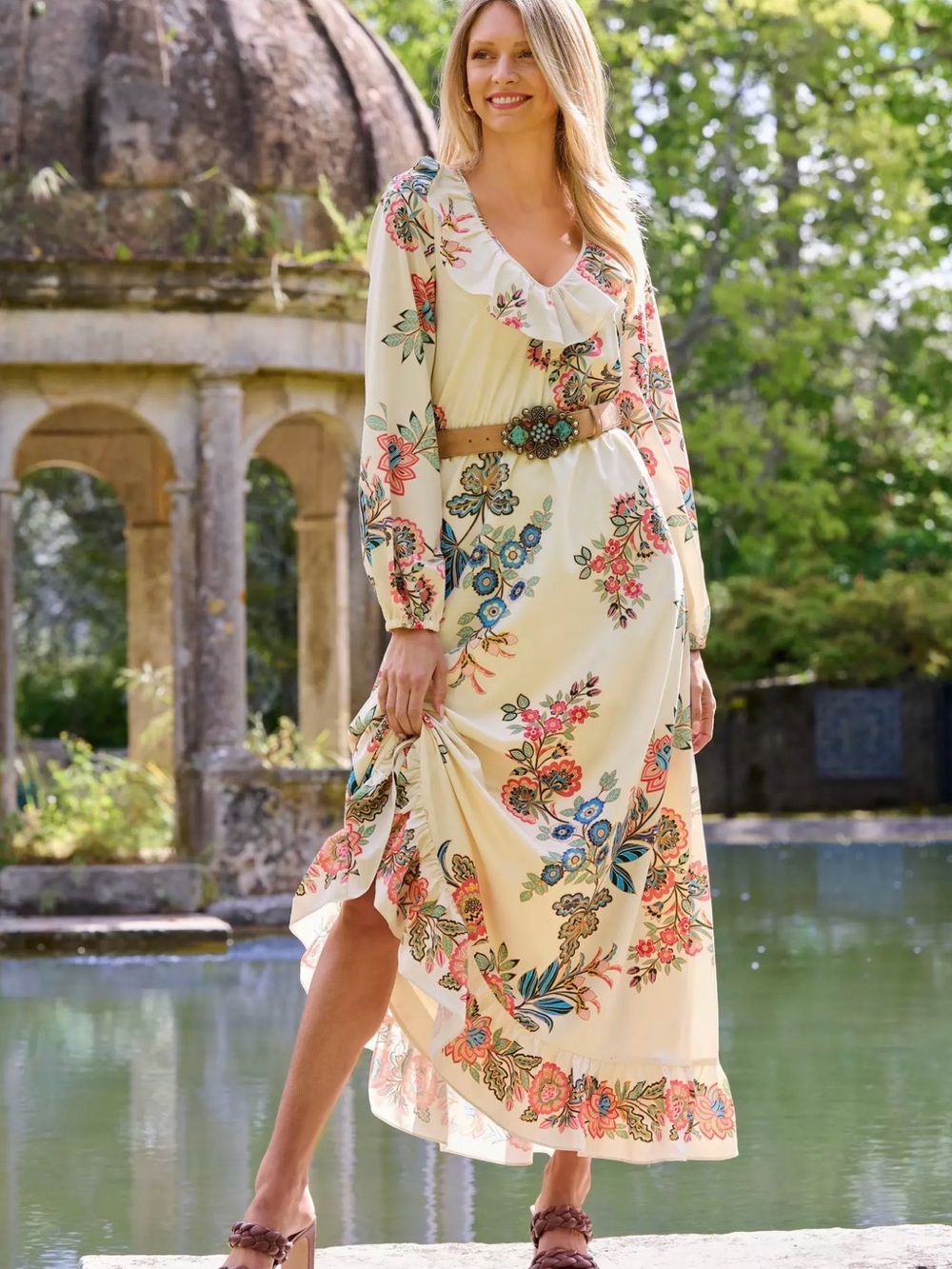 Boston Proper Cream Floral Ruffle Maxi Dress